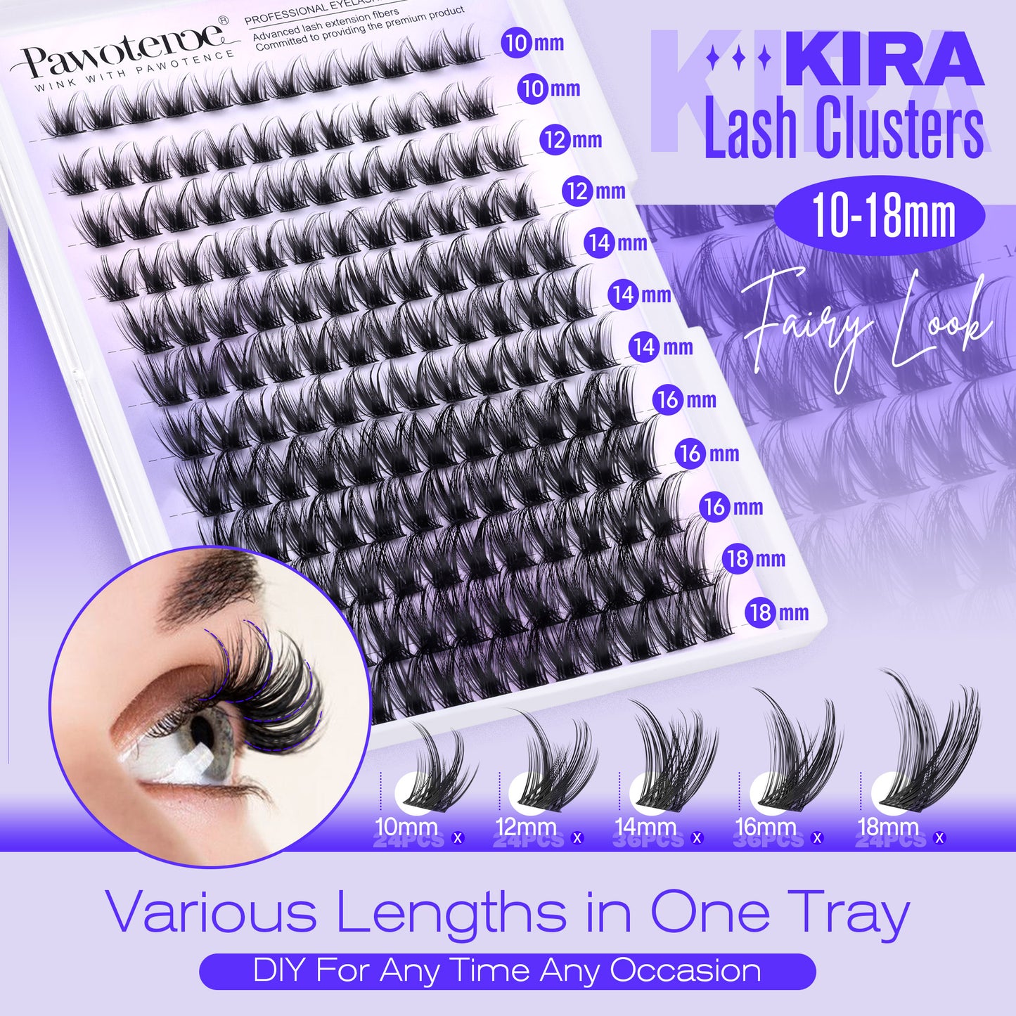 Pawotence Kira Lash Clusters Kit 10-18mm Fairy Cluster Lashes Extension Kit Wispy Lashes Cluster Eyelash Extensions with Lash Bond and Seal, Remover, Applicator