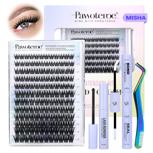 Pawotence Misha Lash Clusters Kit 10-18mm Cluster Lashes Extension Kit Eyelash Clusters Wet Look Wispy Lashes Cluster Eyelash Extensions with Lash Bond and Seal, Remover, Applicator