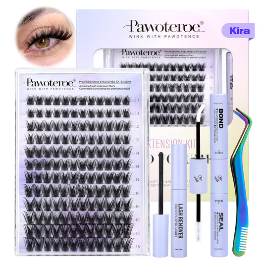 Pawotence Kira Lash Clusters Kit 10-18mm Fairy Cluster Lashes Extension Kit Wispy Lashes Cluster Eyelash Extensions with Lash Bond and Seal, Remover, Applicator