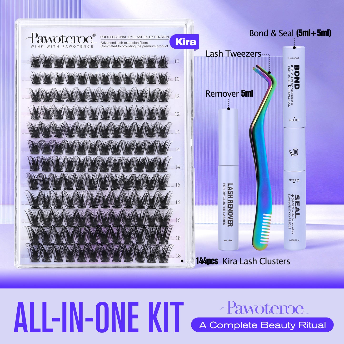 Pawotence Kira Lash Clusters Kit 10-18mm Fairy Cluster Lashes Extension Kit Wispy Lashes Cluster Eyelash Extensions with Lash Bond and Seal, Remover, Applicator