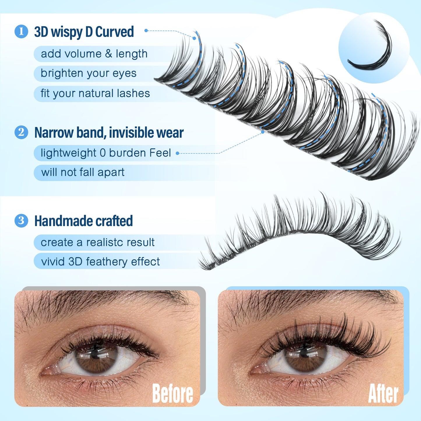 Pawotence Wispy Natural Lash Clusters Spider Lashes D Curl False Lashes Comfortable, Super Soft, Thin Band Eyelashes Clusters DIY Lash Extensions for Daily Makeup Beginner Friendly
