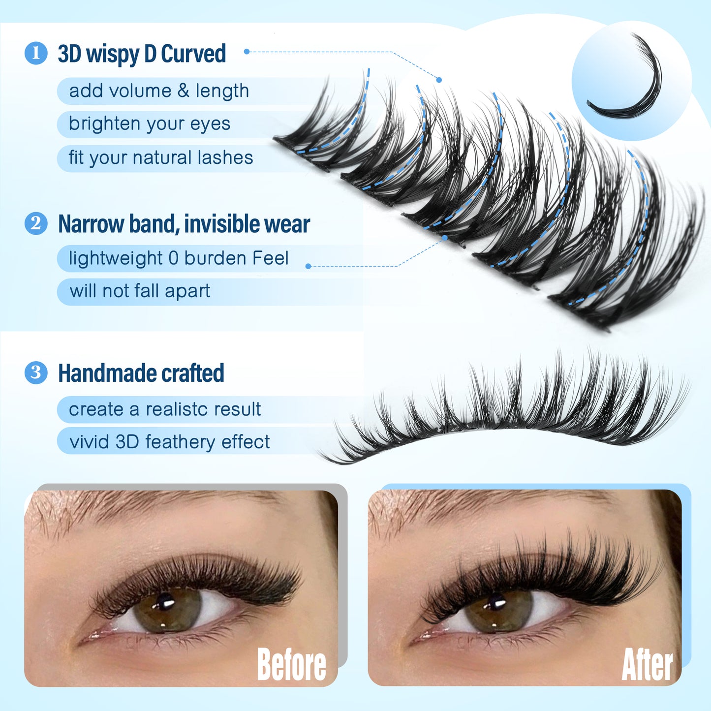 Pawotence Wispy Natural Lash Clusters Kit Spider Cluster Lashes D Curl Comfortable, Super Soft, Thin Band, Long Lasting Eyelashes DIY Lash Extensions for Daily Makeup Beginner Friendly